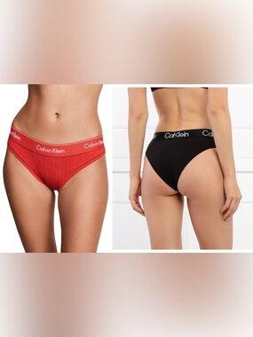 Calvin Klein 2pc SET Bikini Briefs Cotton Underwear Logo Waistband Red & Black